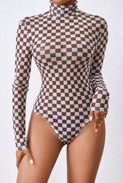 Checkered Turtleneck Long Sleeve Bodysuit