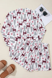 Printed Collared Neck Long Sleeve Top and Shorts Lounge Set