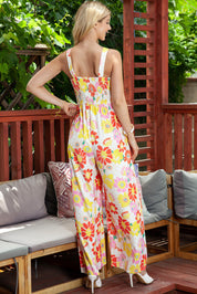 Floral Square Neck Smocked Wide Leg Jumpsuit