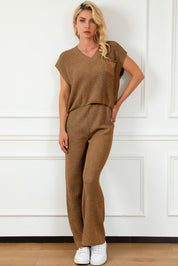 Pocketed V-Neck Top and Wide Leg Sweater Set