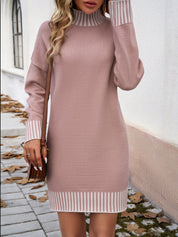 Devine Striped Mock Neck Long Sleeve Sweater Dress