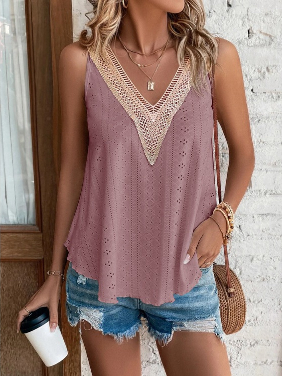 Eyelet V-Neck Wide Strap Tank