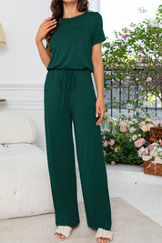 Round Neck Open Back Jumpsuit with Pockets