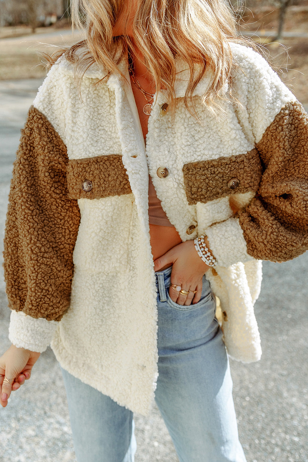 Color Block Collared Neck Sherpa Jacket