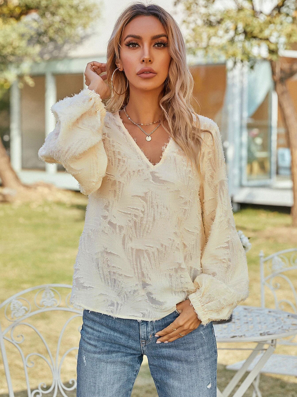 V-Neck Long Sleeve Blouse