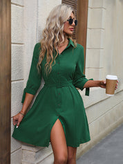 Perfee Collared Neck Button-Up Three-Quater Sleeve Dress