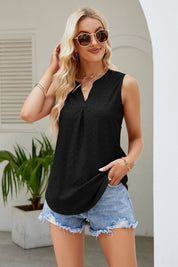 Notched Neck Curved Hem Eyelet Tank