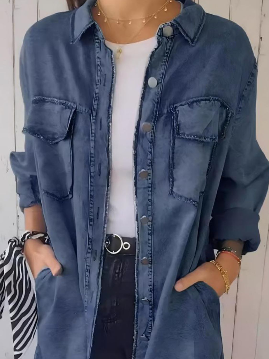 Full Size Raw Hem Button Up Long Sleeve Denim Top Plus Size