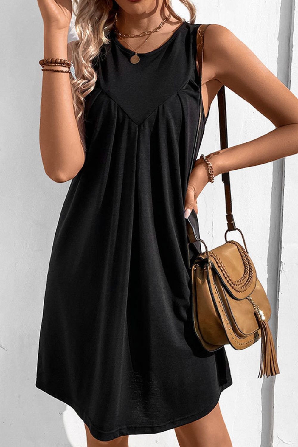 Perfee Round Neck Sleeveless Mini Dress