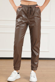 Drawstring PU Leather Pants