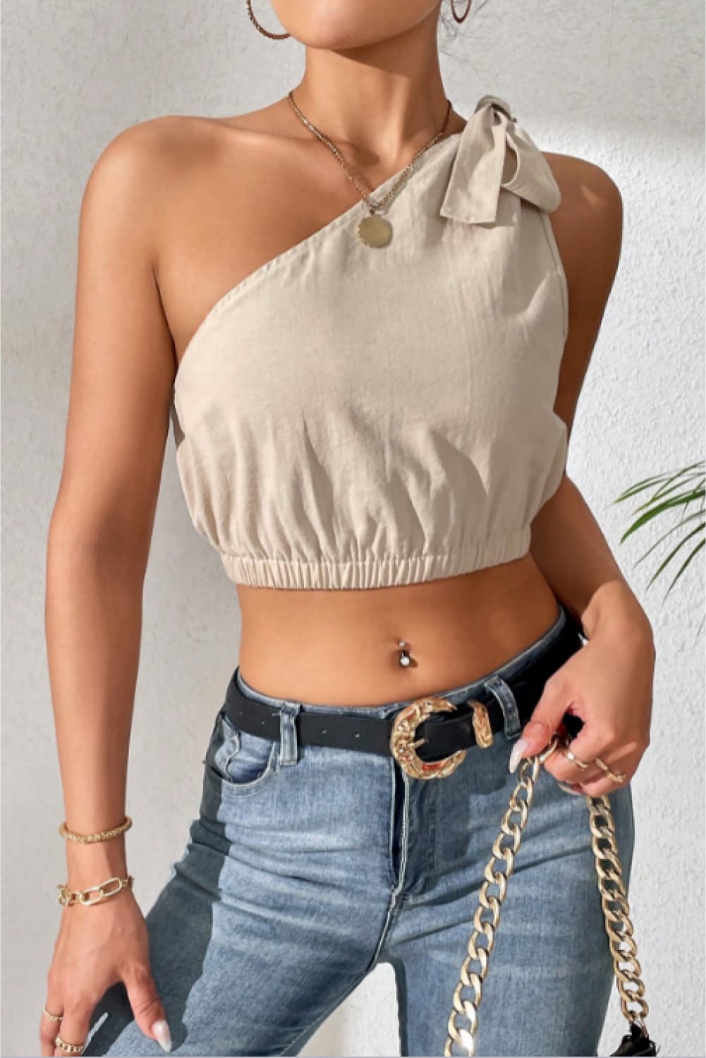 Honey Cropped One-Shoulder Striped Tie Shoulder Tank