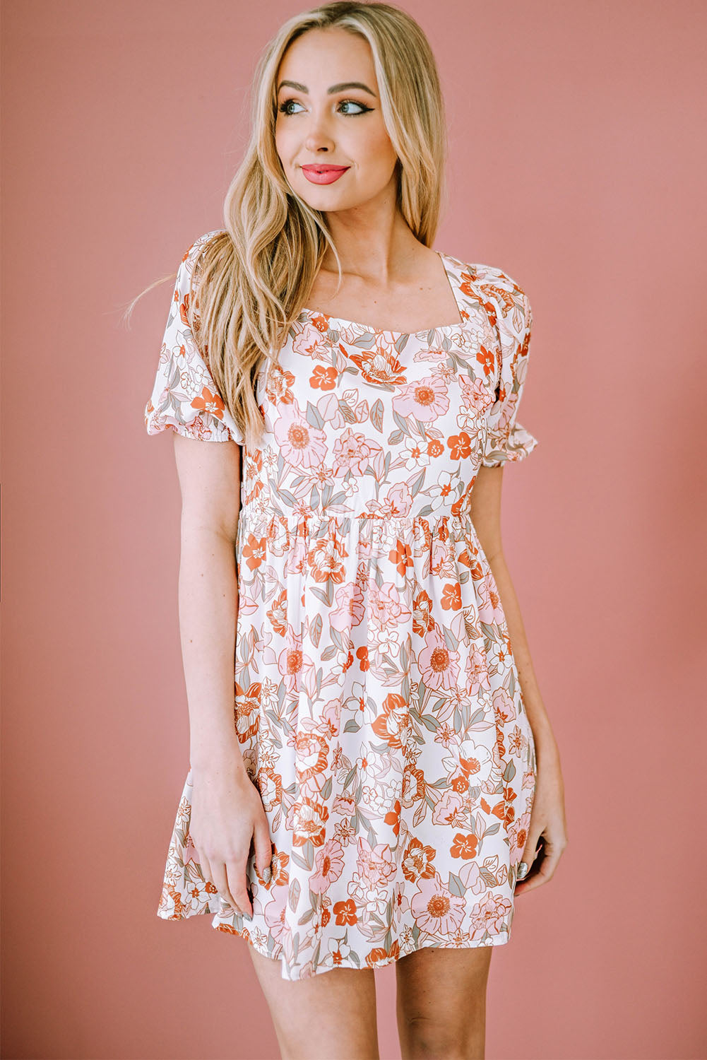 Floral Tie-Back Puff Sleeve Dress