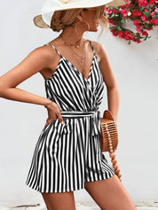 Striped Tie Waist Spaghetti Strap Romper