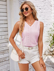 Eyelet Decorative Button V-Neck Tank