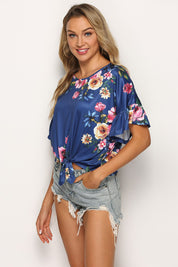 Shiny Floral Tie Hem Flounce Sleeve Top