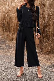 Devine Round Neck Peplum Top and Pants Set