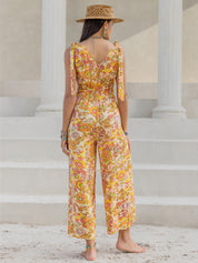 Printed V-Neck Tie Shoulder Jumpsuit