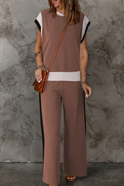 Contrast Round Neck Top and Pants Set