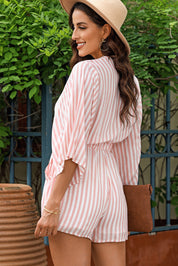 Striped Tie Front Three-Quarter Sleeve Romper