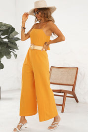 Shiny Cutout Spaghetti Strap Tie Back Wide Leg Jumpsuit