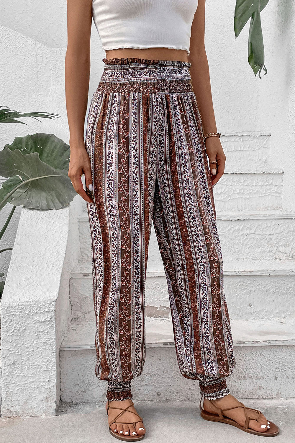 Perfee Smocked Printed High Waist Pants