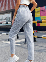 Plaid Elastic Waist Straight Pants