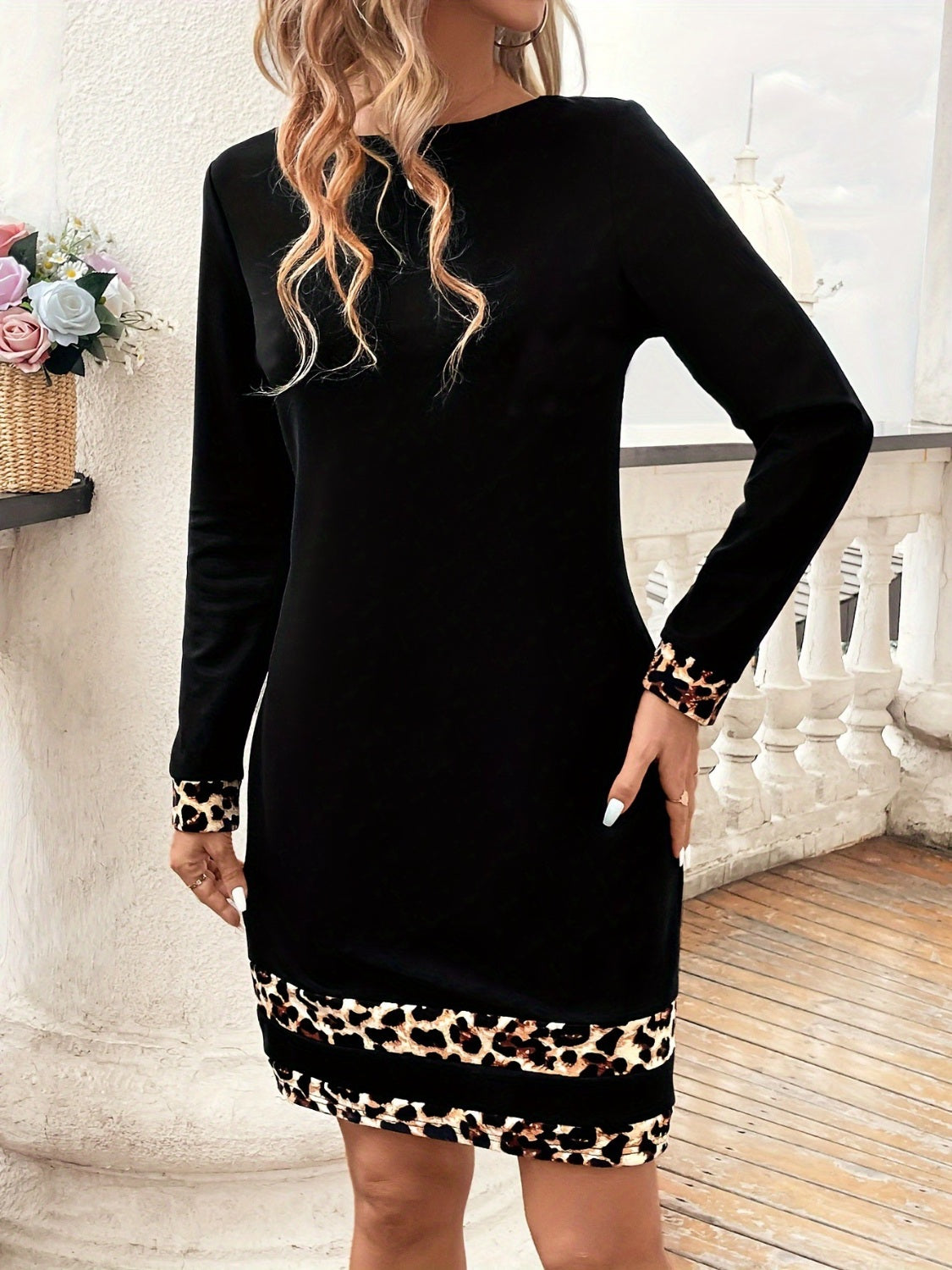 Leopard Trim Round Neck Long Sleeve Mini Dress