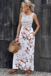 Striped Floral Round Neck Sleeveless Maxi Dress