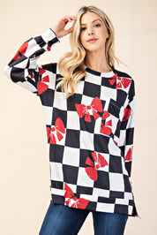 Celeste Full Size Checkered Bow Print Round Neck T-Shirt