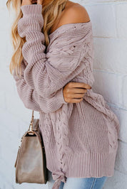 Cable Knit Lace Up V-Neck Sweater