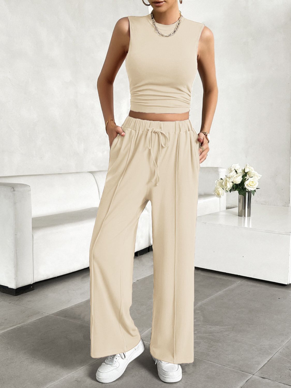 Devine Mock Neck Sleeveless Top and Drawstring Pants Set