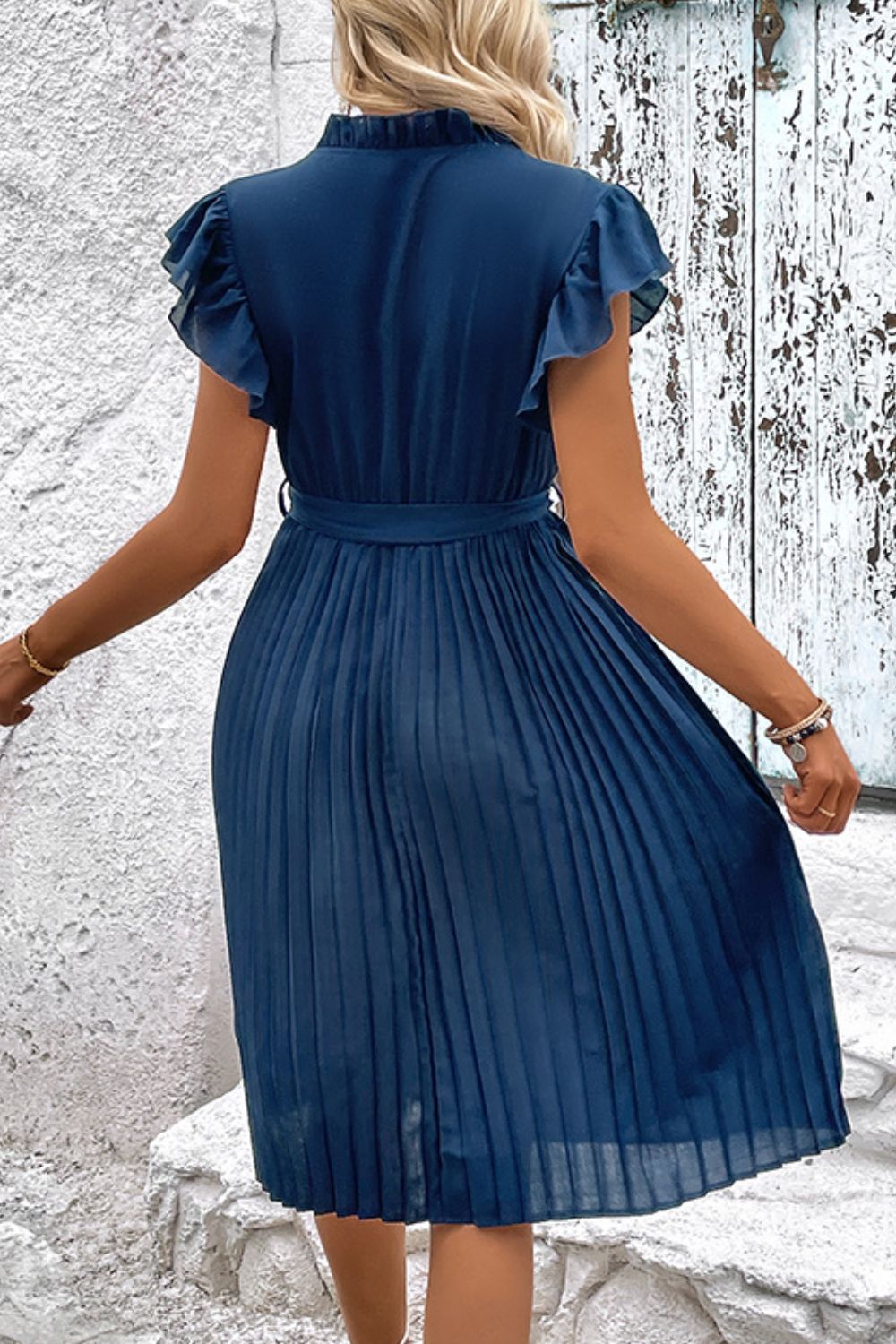 Perfee Tie Neck Belted Pleated Dress