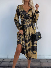 Perfee Printed Surplice Long Sleeve Midi Dress