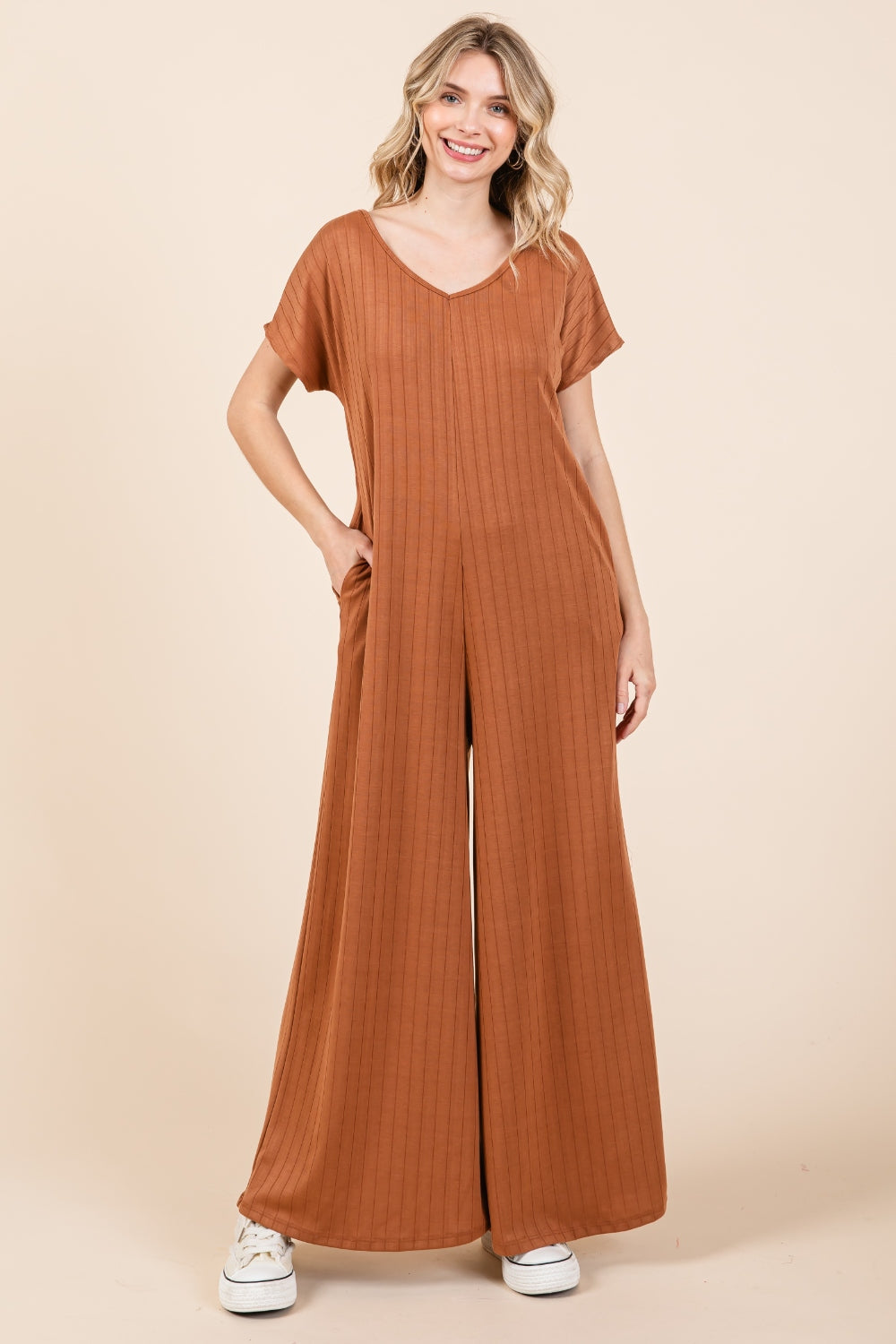 BOMBOM Ribbed Short Sleeve Wide Leg Jumpsuit