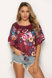 Shiny Floral Tie Hem Flounce Sleeve Top