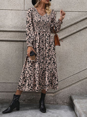 Perfee Printed V-Neck Long Sleeve Midi Dress