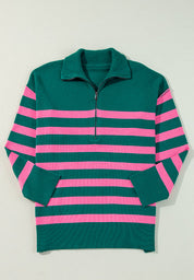 Contrast Striped Quarter Zip Long Sleeve Sweater