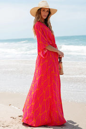 Drawstring Printed V-Neck Maxi Dress