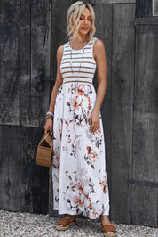 Striped Floral Round Neck Sleeveless Maxi Dress