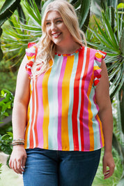 Plus Size Striped Round Neck Ruffled Tank