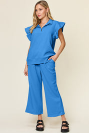 Double Take Texture Ruffle Short Sleeve Top and Drawstring Wide Leg Pants Set