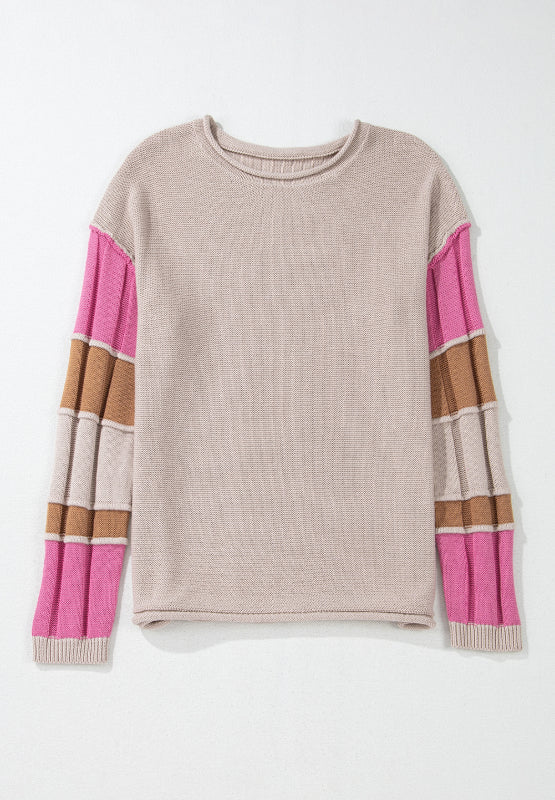 Color Block Round Neck Long Sleeve  Sweater