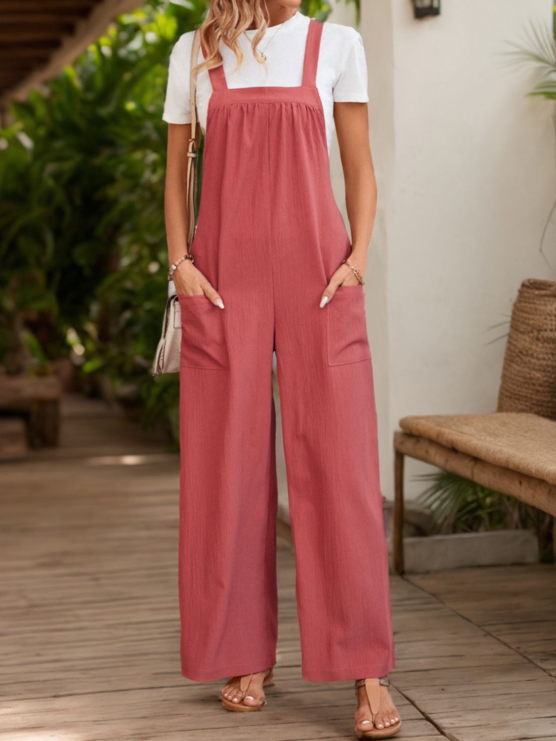 Perfee Square Neck Wide Strap Overalls