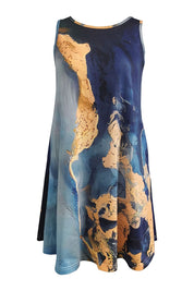 Shiny Abstract Print Round Neck Sleeveless Dress with Pockets