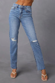 Distressed Raw Hem Straight Jeans with Pockets