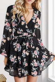 Printed Surplice Balloon Sleeve Mini Dress