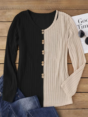 Decorative Button Contrast Round Neck Long Sleeve T-Shirt