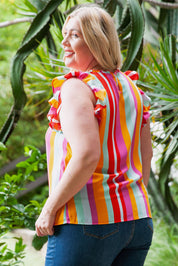 Plus Size Striped Round Neck Ruffled Tank