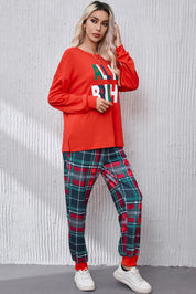 ALL IS BRIGHT Round Neck Top and Plaid Pants Lounge Set