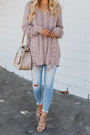 Cable Knit Lace Up V-Neck Sweater